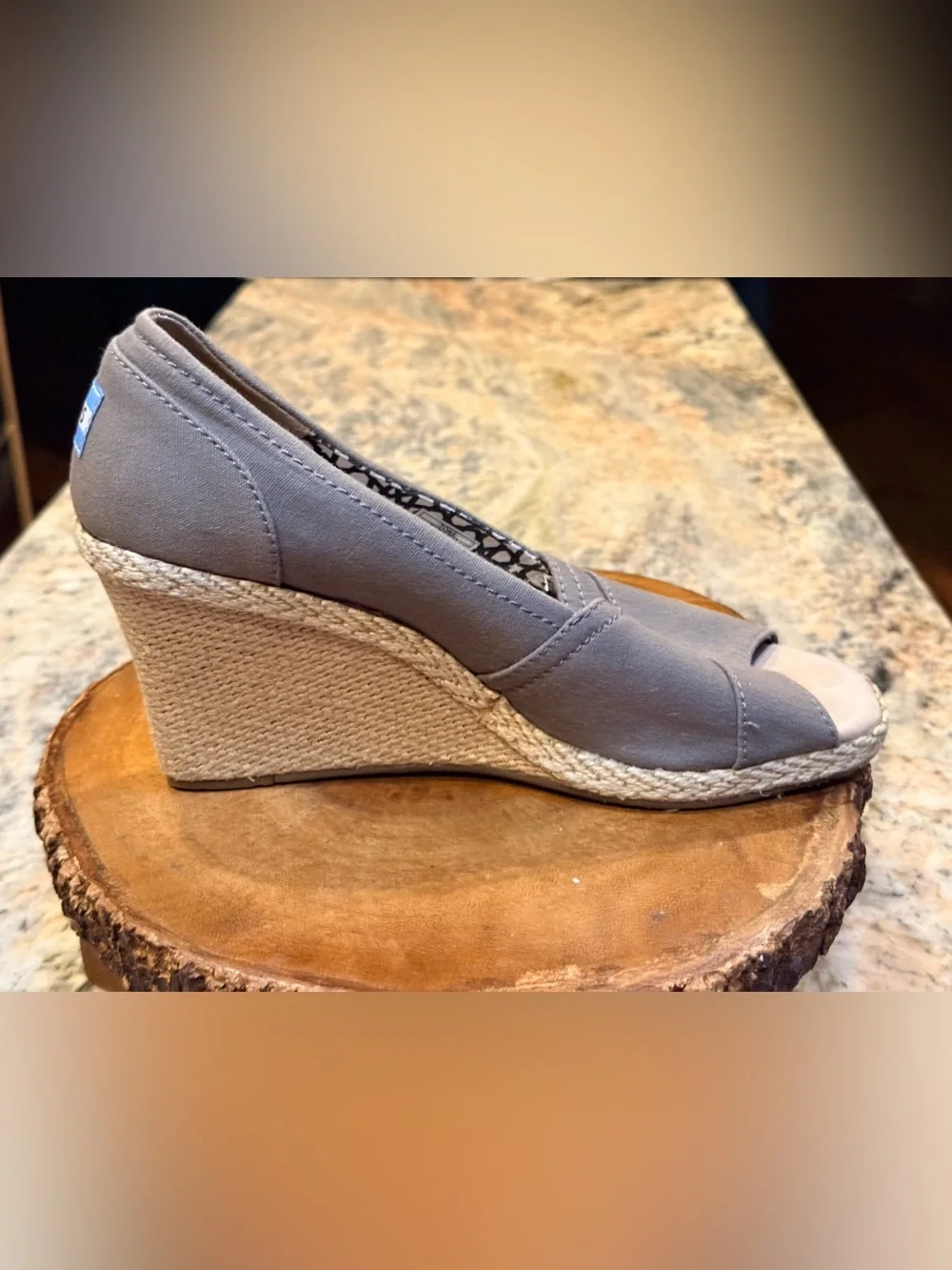 TOMS Gray Canvas Peep Toe Espadrille Wedge Heels Women’s Size 9 EU 40 Casual Com